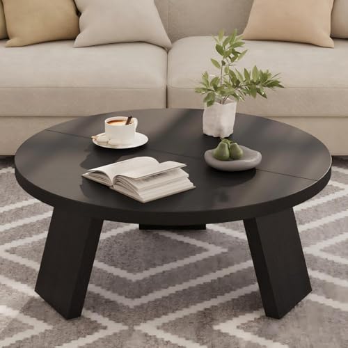 Garvee Round Coffee Table, Modern Center Table with Inclined Legs, Accent Cocktail Tables for Living Room, Bedroom, Easy Assembly, Black, Black