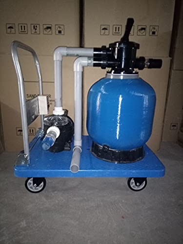Image of WATERTECH SYSTEMS Swimming Pool FRP Bobbin Wound Filter 450 mm dia With Sand & Multiport Valve Top Mount Max flow Rate 10000ltr /hour, Heavy Duty Trolley,1HP swimming pool Pump