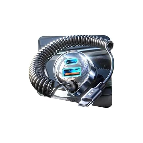LISEN 65W Zigarettenanzünder USB C 12V USB Adapter Schnell Auto Ladegerät 65W + 30W Aufroll-Spiralkabel, USB C [Dual Chip PD&QC3.0] KFZ Ladegerät für iPhone 17 16 15 14 Pro Max, Galaxy S25 S