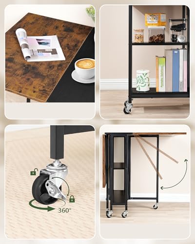 CHOEZON Klappbarer Esstisch, Küchentisch, mobiler Tisch, Klapptisch mit 6 feststellbaren Rollen und 2 Ablagen, für Küche, Wohnzimmer, Wohnung, Rustikales Braun und Schwarz DTCZ01BF