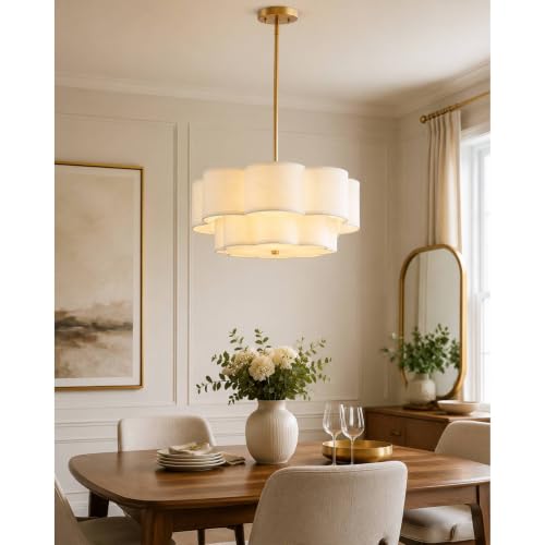 Image of 18 inch Gold Fabric Drum Chandelier, 3-Light Dining Room Light Fixture