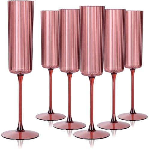 Joyido burgundy vertically ribbed long-stem champagne flutes, original product listing image