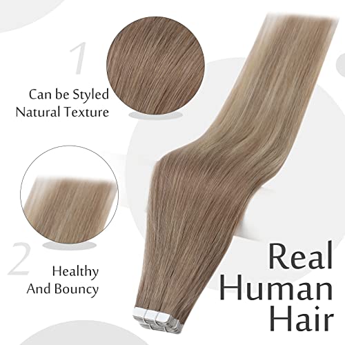 Full Shine Tape in Extensions Human Hair 20 Inch Ombre Tape in Hair Extensions 20 pcs Color 8 Ash Brown Fading to 60 Platinum Blonde and 18 Ash Blonde Hair Extensions 50g Invisible Tape - Image 3