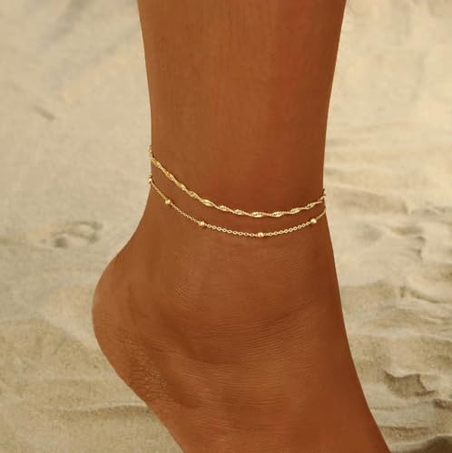 Image of 2 /3 PCS Gold Anklets for Women Waterproof Cuban Link Anklet Beaded Bracelets Stackable Bracelets 14K Gold Plated Custom Jewelry Gifts Non Tarnish Lightweight