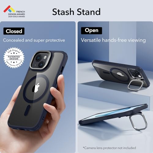 Image of ESR for iPhone 15 Plus Case, Compatible with MagSafe, Military-Grade Protective Case, Built-in Stash Stand Phone Case, Scratch-Resistant Back Cover, Classic Series, Clear Dark Blue