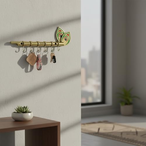 Image of Big Brass Antique Krishna Flute for Key Holder /Key Stand /Keys Hanger Hook /Key Holders for Wall Stylish /Keys Rack Hook /Key Hanging Hooks - Home Decor, Wall Mount - 6 Hooks - (Brass Antique)