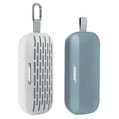 Image of Esimen Silicone Cover for Bose SoundLink Flex Bluetooth Portable Wireless Speaker Soft Protective Sleeve with Carabiner, Full Directions Protection Silicone Carrying Case (White)