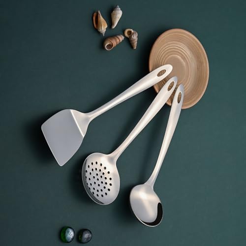 Image of Montavo by FnS 3 Pieces Stainless Steel Serving Tools Set, Gravy Ladle, Solid Turner & Skimmer Turner, Mirror Finish Food Grade Kitchen Serving Utensils for Home, Cooking & Dining