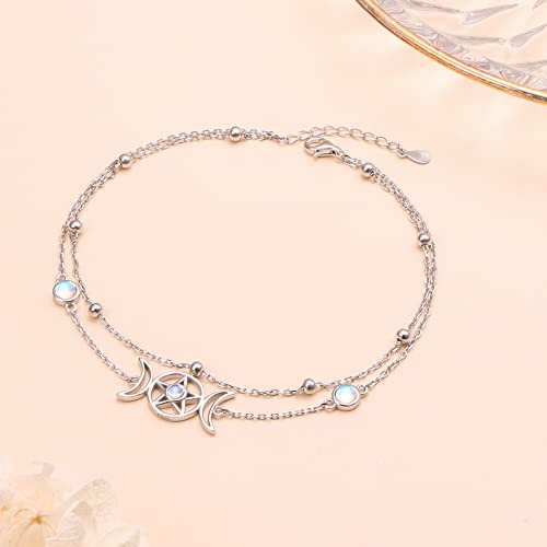 Image of Ladytree S925 Sterling Silver Boho Beach Double Layer Anklets Bracelet for Women Adjustable 9 to 11 inches