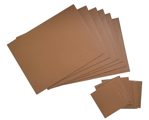 12 Piece Faux Leather Table Set | 6 Placemats & 6 Coasters | Party Place Mats by M&W (Brown)