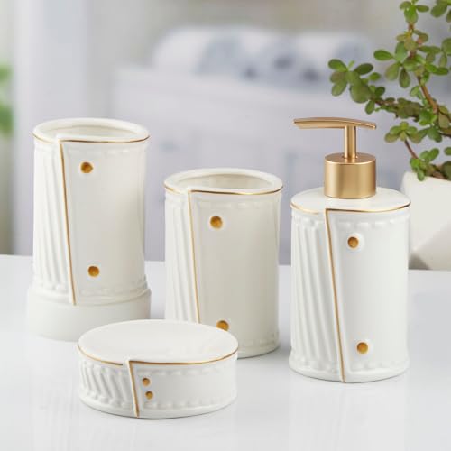 Image of SaSaSa Ceramic Bathroom Accessories Set of 4 Modern Bath Set with Soap Dispenser & Toothbrush Holder, Luxury Home & Gift Idea, White (10373)