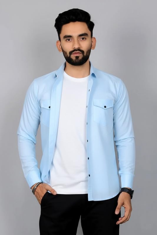 Image of DEELMO Men Solid Slim Fit Casual Overshirt Style Shirt | Full Sleeve Button-Down Layering Shirt Smart Casual Look