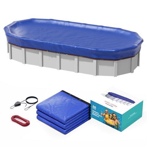 POOLHACKER 16x32 FT Oval Pool Cover – 420D Extra Thick Winter Pool Cover for Above Ground Pools, 4 Ft Overlap with Pulley & Cable, Cold-Resistant, Tear-Resistant & Dustproof