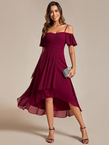 Image of Ever-Pretty Women's Summer Cold Shoulder Hi-Lo Asymmetrical Hem Flowy Chiffon Short Wedding Guest Dress 02103