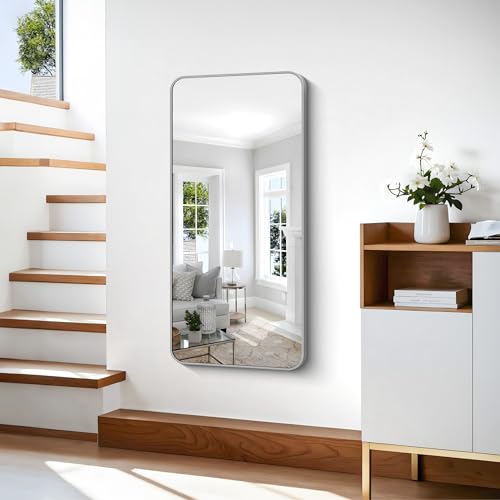 Image of 48x24 Inch Silver Bathroom Mirror, Metal Framed Silver Rectangle Mirror, Rounded Rectangular Vanity Mirror, Wall Mounted Mirrors for Living Room Bedroom Entryway Hangs Horizontal or Vertical