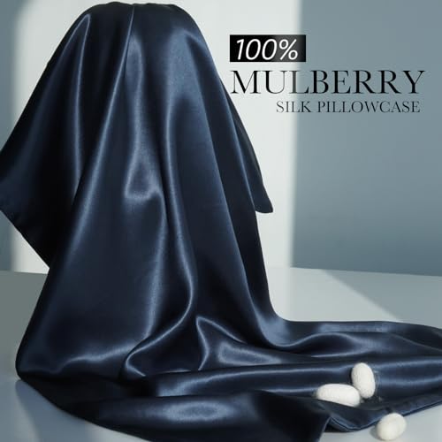 100% Mulberry Silk Pillowcase for Hair and Skin, 22 Momme Pure Natural Silk Pillow Case Both Sided with Zipper, Pillow Cover for Women Mom Men (Navy Blue, Standard 20''×26'')