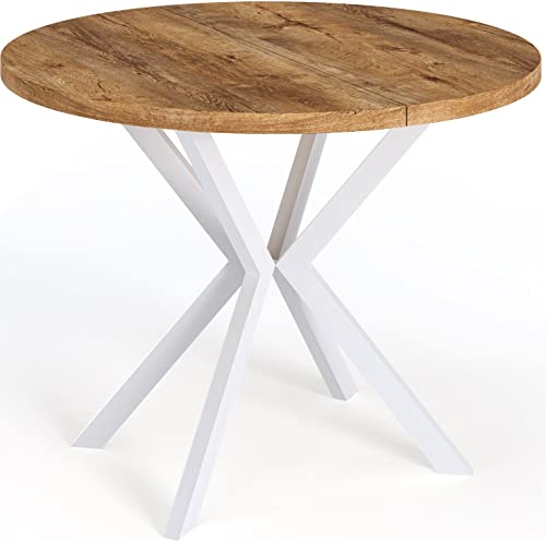 WFL GROUP Runder Ausziehbarer Esstisch für 6-10 Personen - Loft Style Tisch mit Weißen Metallbeinen - 90 bis 120 cm - Industrieller Tisch für Wohnzimmer - Spacesaver - Lefkas Eiche - 100 cm