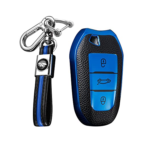 KUNIO Coque de clé de Voiture Compatible avec Peugeot 308 408 508 208 2008 3008 4008 5008 pour Citroen Grand C4 Picasso C4L C6 C3-XR Accessoires TPU Porte-clés télécommande 3 Boutons Bleu