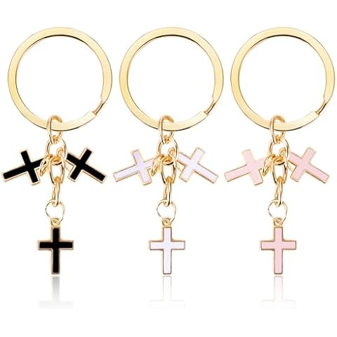 TUCEWP 3Pcs Cute Cross Keychain for Women Girls White Black Pink Enameled Cross Tassel Keychain Aesthetic Purse Keyring Holder Bag Car Charms Religious Gifts Christian Gifts Birthday Christmas Gift Cover