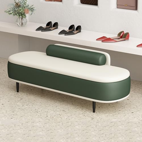 Banco otomano moderno de almacenamiento con asiento y almohada lumbar, caja de almacenamiento para sala de estar, reposapiés de piel sintética para extremo de la cama (verde oscuro + beige, 60 cm)