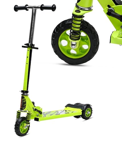 Image of Kick Steel Scooter for Kids, 3 Adjustable Height Scooter, Foldable & Attractive PVC Wheels with Rare Brakes for Kids Age Upto 3+ Years Strong Steel Base Heavy Dute Upto 70kg (with Shocker) (Green)