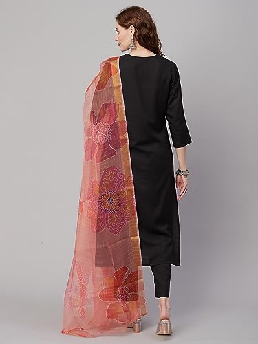 Image of GoSriKi Women's Cotton Blend Straight Embroidered Kurta with Pant & Dupatta