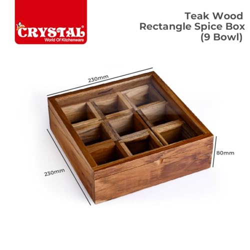 Image of Crystal Teak wood Table Top Masala Dabba /Spice Box | Spice Box with 9 compartments /sections | Handcrafted wooden Box | Non Removable Partitions, Brown
