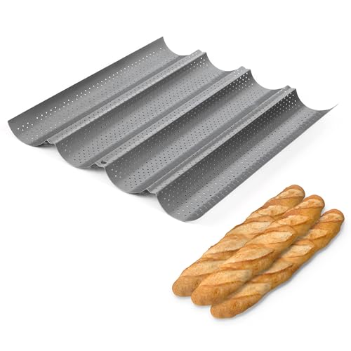 Winter Shore Bandeja Horno Antiadherente para Baguettes - Molde Pan Acero al Carbono Perforado 4 Ranuras - Panadería, Pan Francés, Panecillos de Perritos Calientes, Pan Cubano - 38 x 33 x 2,5 cm