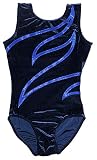Turnanzug Plamak Basic Nicki Samt & Glitzerlycra Mädchen Gymnastikanzug Kurzarm Kinder Turnbody kurzärmlich Armlänge Langarm, Farbe dunkalblau - Royalblau, Größe 164
