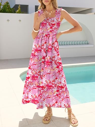 Image of Caracilia Womens Summer Maxi Dresses Floral Smocked Sleeveless Ruffle Boho Casual Flowy Aline Beach Vacation Long Sundress