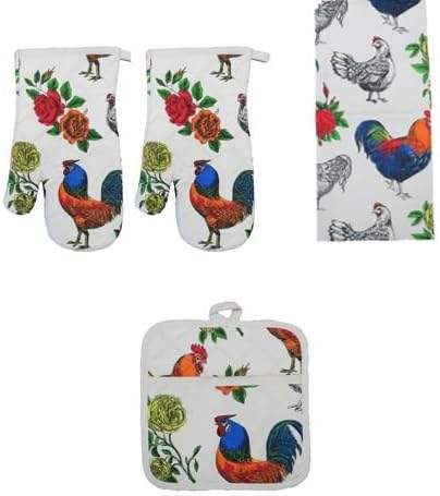 Fluffy Layers Kitchen Set, Dish Towels, Pot Holders and Oven Mitt 7-piece set. 100% Cotton, Colorful and Bright, Hens, Roosters & Chickens (Reds)