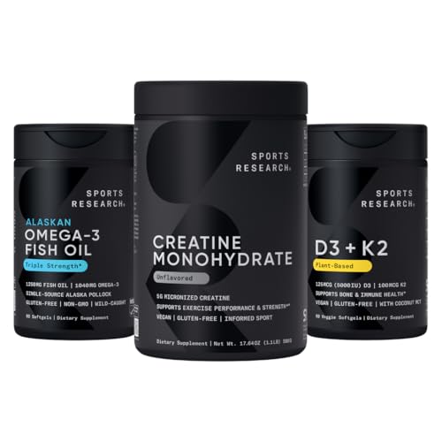 Sports Research® Bundle: Creatine with Omega-3 Fish Oil & Vitamin D3 + K2