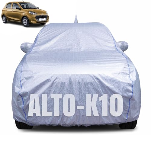 Image of 100% Waterproof Car Body Cover for Maruti Suzuki Alto K10 (2010-2025) with Mirror Pocket, Heat & UV Resistant, Triple Stitched, Soft Lining, Bottom Elastic & Piping (Silver Reflective)