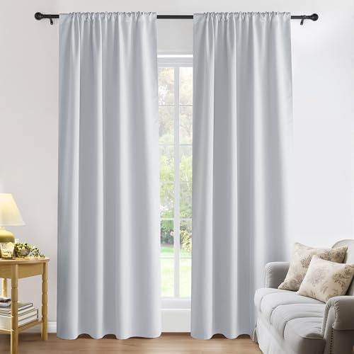 PONY DANCE Rod Pocket White Curtains - Window Curtain Draperies Rod Pocket Thermal Insulated Room Darkening Drapes for Dining Room, 52 Wide x 84-Inches Long, Greyish White, 2 Pieces