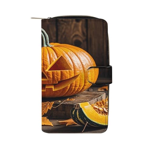 PU Leather Wallet Fall Pumpkin Print Travel Purse Women's Long Bifold Wallet Ladies Card Holder Purse with Zipper & Snap Closure