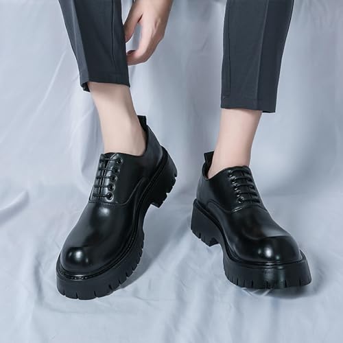 Image of Men's Polishing Leather Lace-Up Chunky Heels Oxfords Lug Sole Fashion Round Toe Formal Business Shoes Comfortable Non-Slip Walking Sneakers