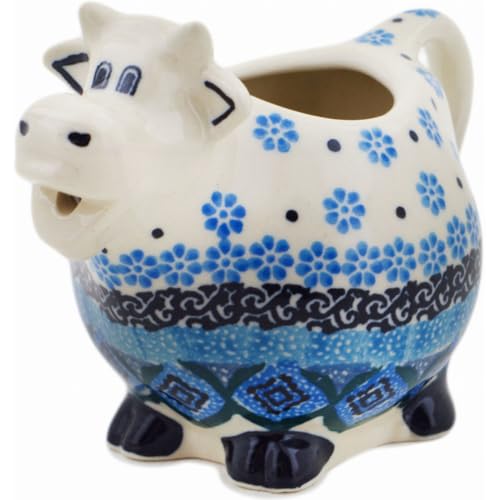 Authentic Polish Pottery Cow Shaped Creamer Signature UNIKAT in Sparkling Sea Design Handmade in Boles?awiec Poland by Ceramika Artystyczna + Certificate of Authenticity