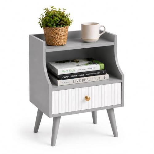Image of ETIQUETTE ART Modern Fluted Nightstand with Drawer and Open Storage Shelf, Bedside Table with Round Edge, Boho Night Stand with Solid Wood Legs & Knob Handle End Table for Bedroom (Grey & White)