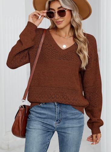 Image of JOCAFIYE Womens Sweaters Tops Fall V Neck Long Sleeve Sweater Casual Hollow Out Pullover Sweaters for Women Red Brown XXL