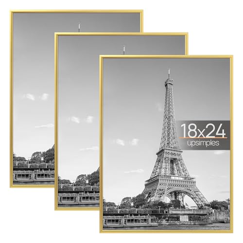 upsimples 18x24 Picture Frame Gold 3 Pack, Scratch-Proof Poster Frames 18 x 24 for Photo Gallery - Slide-In Strips, Horizontal or Vertical Wall Mounting