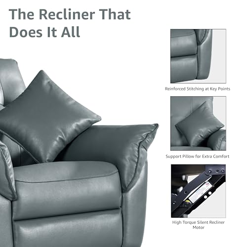 Image of Stella Luxe 1 Seater Motorized Recliner Chair - Blackish Grey Leather, Goose Feather Padding, 3-in-1 Reclining, Rocking & Revolving, Eucalyptus Wood Frame, 5-Year Warranty