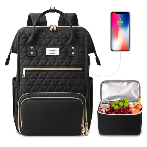 ETRONIK Laptop Lunch Backpack for Women 15.6 inch Laptop Backpack with USB Port Teacher Nurse Work Bag with Cooler Bag Insulated Rucksack for Women Business Work Picnic Gift Black
