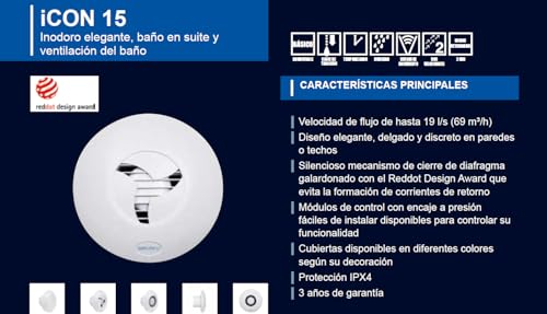 Miniatura 6 de Airflow Icon 15 Extractor De Baño - 100 Mm 4 - Eficiencia Energética 9,4w, 19 L S, Persiana Silenciosa Iris, Múltiples Opciones De Control Garantía De 3 Años