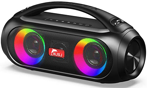 NJSJ Altavoz Bluetooth Potente con Radio FM Bass, 40W Altavoz Portatil con Luz LED, Apoyar Memoria USB, Reproducción 14H, IPX5 Impermeable y Volumen Alto