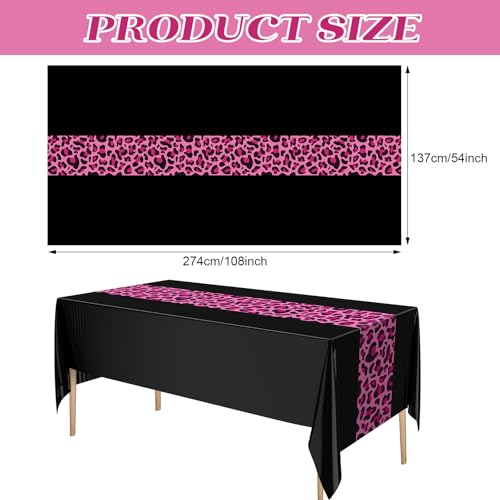 Image of Buryeah Leopard Print Tablecloth 54 x 108'' Leopard Plastic Table Cover Disposable Safari Animal Cheetah Print Party Decorations for Baby Shower Wedding Birthday Party Favors (Pink Black,3 Pcs)