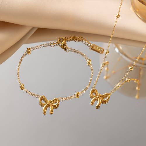 YANCHUN Bow Necklace Earrings Bracelet for Women Stocking Stuffers Gold Jewelry Set Trendy Bowknot Ribbon Pearl Choker Necklace Christmas Jewelry Gifts 2024