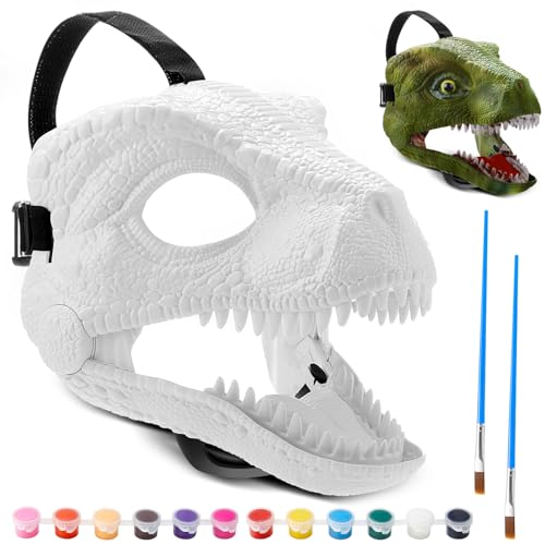 Seenelling 2 Pcs DIY White Hard Plastic Dino Mask Moving Jaw Kit with Paint, Dinosaur Mask, T-rex, Jurassic for Kids