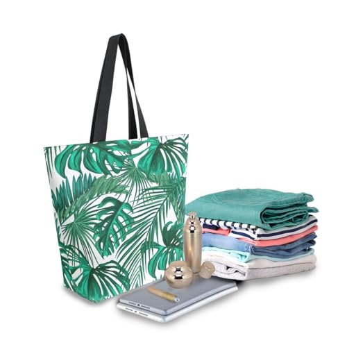 Image of Palm Leaf Canvas Tote Grocery Bag Shoulder Casual Book Bag Large for Women Teachers, Tropical Palm Cotton Bag Shopping Purse Handbag Reusable Multipurpose Use