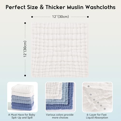 Image of Unnivoll Muslin Burp Cloths Baby 12''X12'', Baby Washcloths 6 Pack, 100% Cotton Baby Wash Cloths Absorbent and Soft for Newborn Infants Kids Boys Girls - Gradient Blue