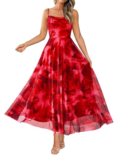 BTFBM Women Summer Floral Maxi Dresses Elegant Spaghetti Strap Dress Printed Party Dress Beach Long Dresses(Floral Red,Medium)